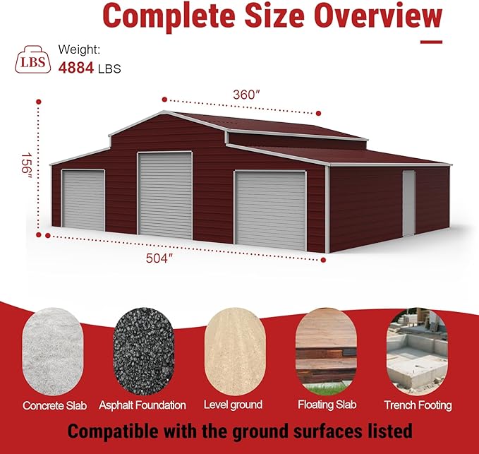 42×30FT Brown Metal Storage Shed Barn Garage, Heavy-Duty 14-Gauge Steel Building with Roller Doors, 26-Gauge Panels, Galvanized & Powder-Coated Outdoor Shelter for Farm,RV,Tractor,Tools