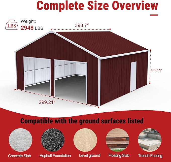 Outdoor Metal Storage Shed, 33x25 FT Large Heavy-Duty Garage Industrial Prefab Steel Building with Side Door for Car, Metal Barn, Outdoor Workshop, RV, Tractor & Equipment Shelter（Brown）