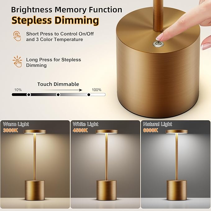 Cordless Table Lamps Rechargeable - Outdoor Portable LED Table Light 5000mAh Battery Operated Lamp 3 Color Stepless Dimming with Memory Function for Restaurant Dining Patio 2Pack Bronze