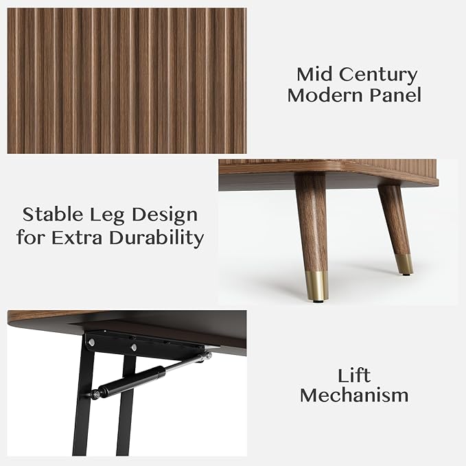 Lift Top Coffee Table with Storage, Mid Century Modern Walnut Fluted Coffee Table, Rectangular Wood Center Table with Rising Desktop & Open Shelf for Work from Home, Living Room, Walnut