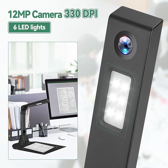 Document Scanner, 12MP Book Document Camera for Teachers Multi-Language OCR Recognition Foldable & Portable Pocket Book/Multi-Page Scanning, Capture Size A3/A4, Only Windows
