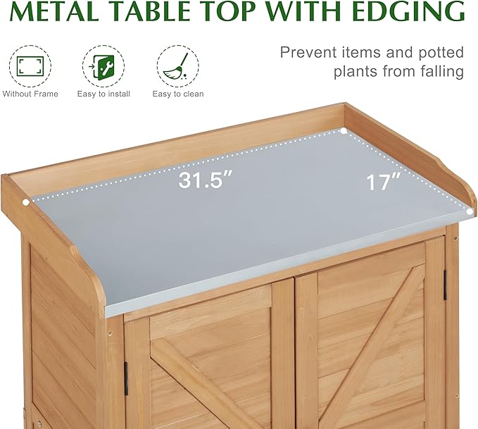 Outdoor Storage Cabinet & Potting Bench Table with Metal Top, Wooden Patio Furniture, Garden Workstation (Light Brwon, 39x31.5x17in)