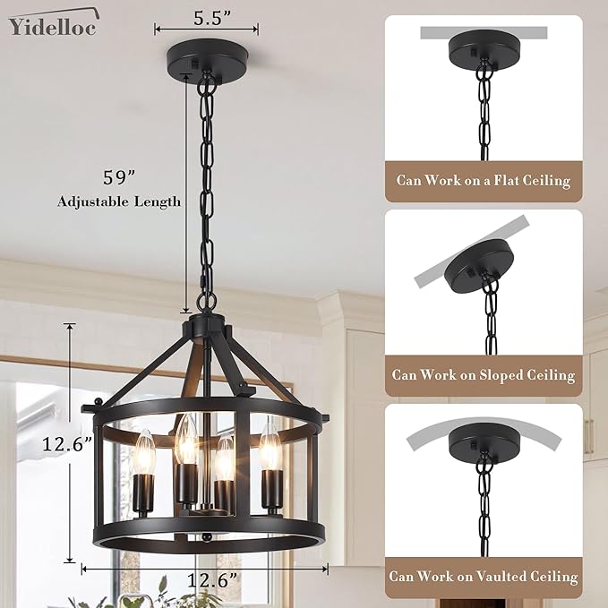 Farmhouse Light Fixtures Round Cage Chandeliers 4 Lights E12 Base Vintage Black Chandelier Pendant Light for Dining Room Entryway Hallway Foyer Kitchen