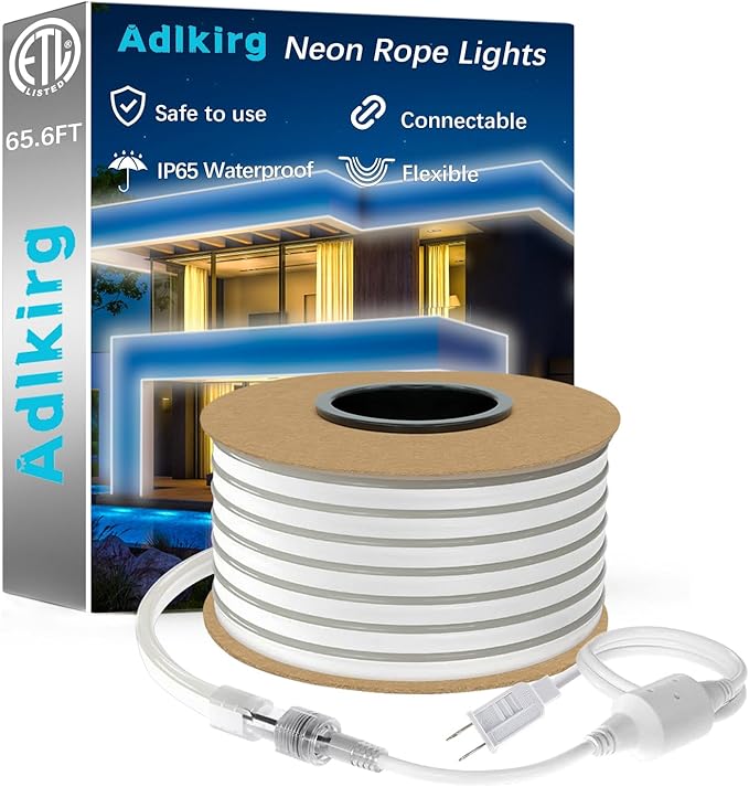 LED Neon Rope Light 65.6ft, Connectable & Cuttable 6000K Daylight Neon Strip, IP65 Waterproof Indoor/Outdoor Lighting for Home & Commercial Use, ETL Listed 120V, Uniform Glow
