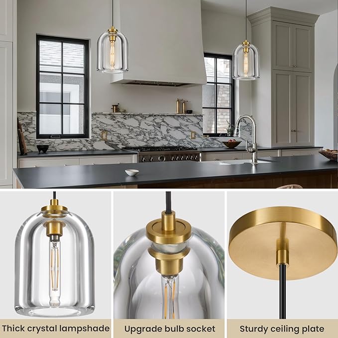 Crystal Pendant Light Kitchen Island: 2 Pack Gold K9 Crystals Lights - 5.1" Dimmable Contemporary Cylinder Light above Dining Table - Modern Ceiling Hanging Lighting for Bedroom E12 Bulbs Included