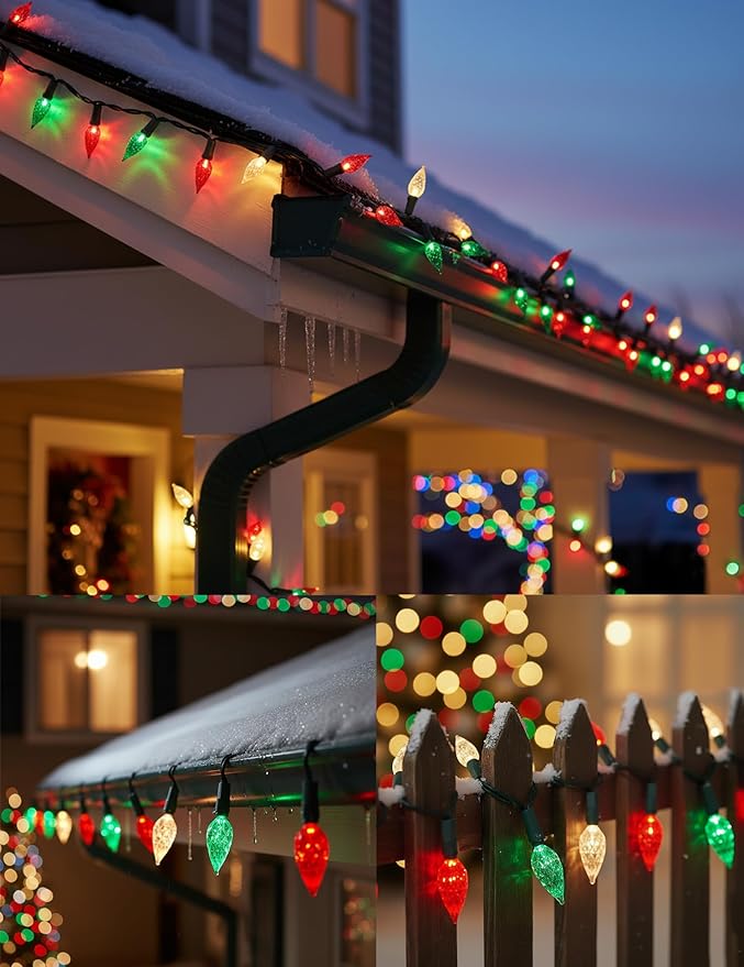 BOHON Red White and Green Christmas Lights Outdoor, Faceted C6 50ft 100 LED String Lights Plug in, Extendable Green Wire Christmas String Lights for Indoor Patio Xmas Tree Decoration