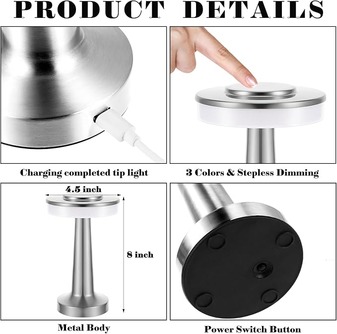 Riakrum 4 Pcs LED Portable Cordless Table Lamp with Touch Sensor 3 Color Stepless Dimming Rechargeable Battery up to 15 Hours Cordless Table Light Wireless Lamp for Nursery (Silver)