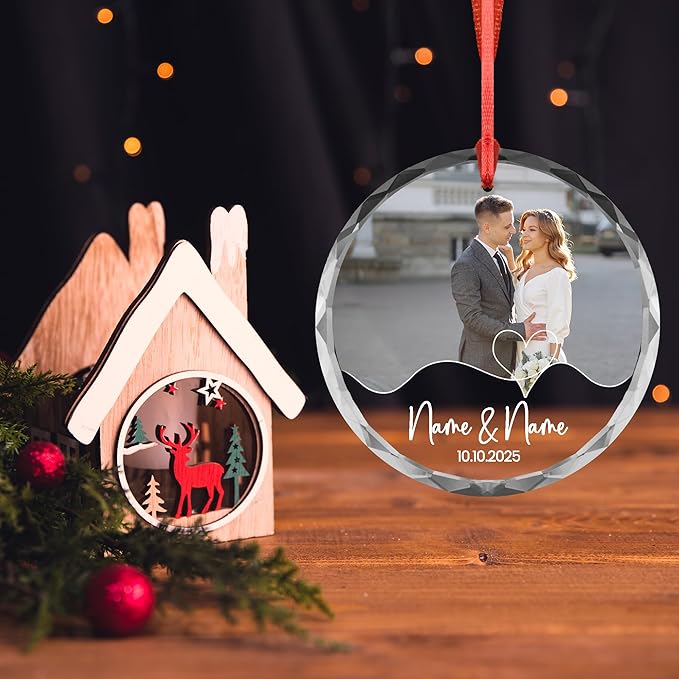 Heart Line Couple Ornament – Custom Photo, Names & Date – Acrylic or Glass Personalized Wedding Ornament – Engagement Keepsake Gift
