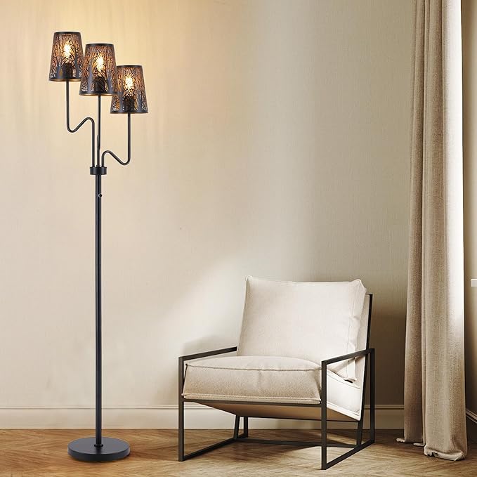 9MMML 3-Light Black Dimmable Floor Lamp for Living Room Bedroom 68'' Tall Standing Lamp with Metal Hollow Shades, 3 x E26 LED Bulb Included