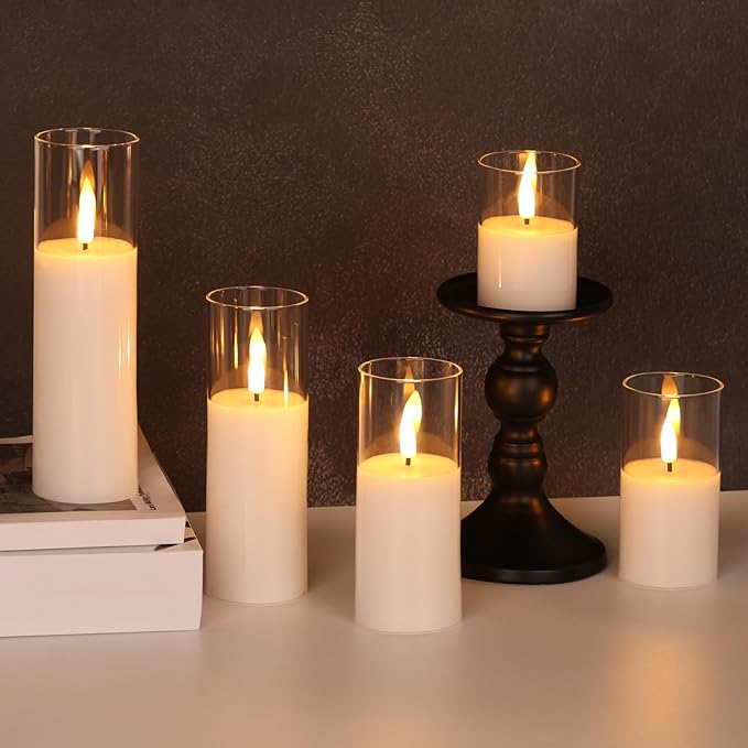 Clear Glass Flameless Candles with Remote Batteries, Flickering Slim LED Pillar Candles Set of 5