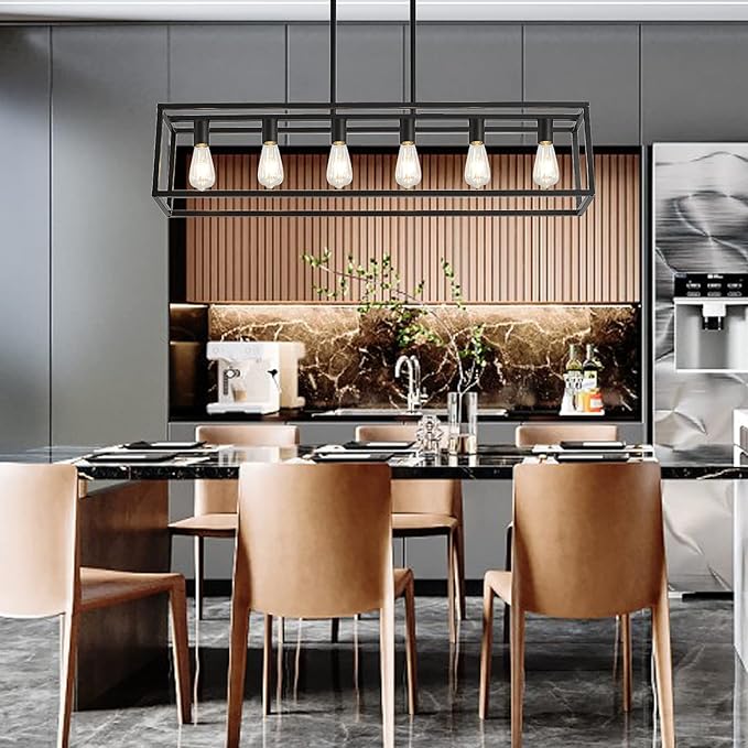 XILICON Farmhouse Chandeliers Rectangle Black 6 Light Dining Room Lighting Fixtures Hanging, Kitchen Island Cage Pendant Lights Contemporary Modern Ceiling Light with Adjustable Rods