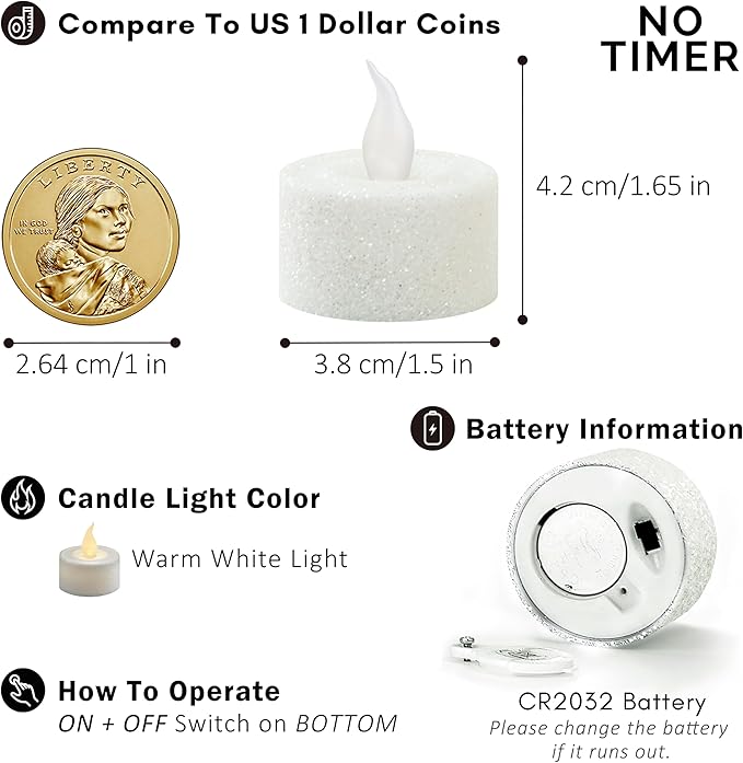 FURORA LIGHTING White Glitter LED Tealight Candles Pack of 12, Flameless Flickering Tealight Candles for Home Décor, 1.5’’(W) x 1.65’’(H), Battery Operated