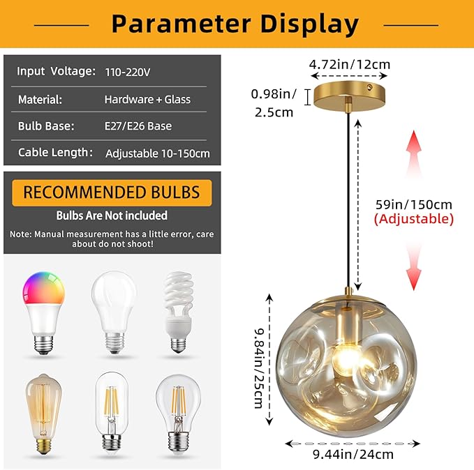 Modern Amber Concave Glass Pendant Light, Kitchen Island Lighting Single Globe Pendant Light Fixtures Century Kitchen Island Pendant Lighting for Bedroom Living Dining Room Light （Without Bulb）