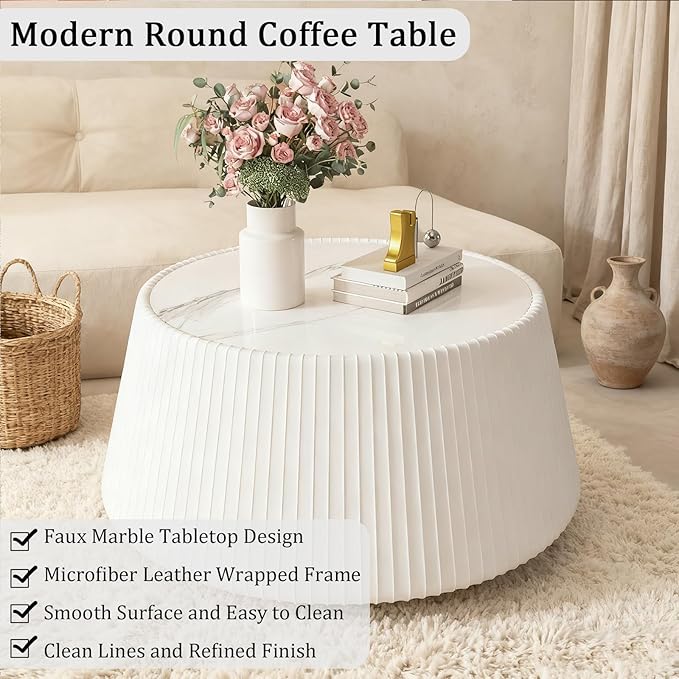Round Living Room Table Set, 26.77" White Drum Center Table and 19.68" White Coffee Table Set, 2 Pieces Coffee Table Set with Sintered Stone Tabletop, Fluted PU Leather Covered and StableBase