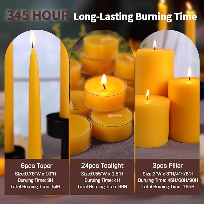 Pure Beeswax Candles Set, 3pcs Pillar|6pcs Taper|24pcs Tealight Candles-345 Hour Long Burning, 100% Natural Organic Beeswax Candles Gift Set for Women, Dripless Smokeless Candle Bulk for Home