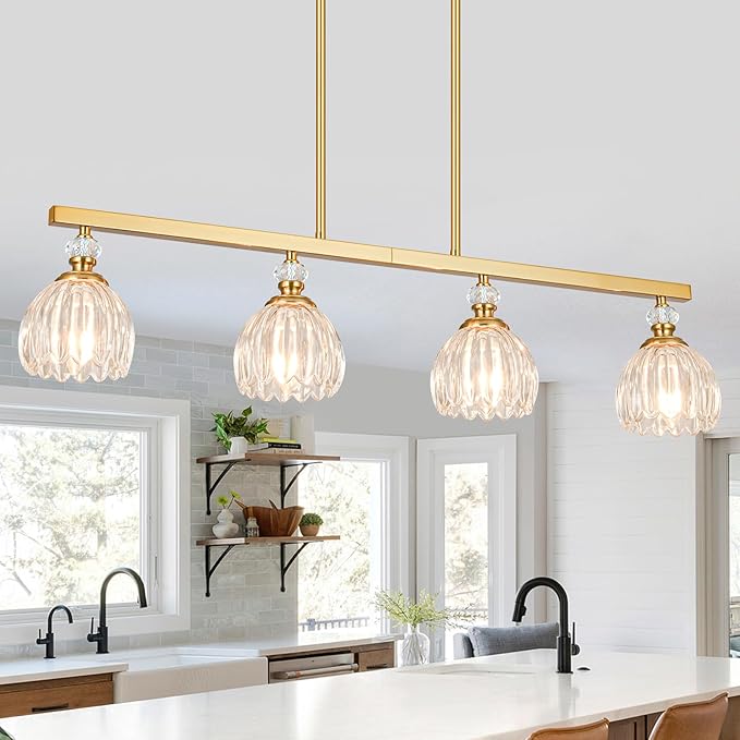 Gold Island Light for Kitchen, 4-Light Linear Chandelier for Kitchen Island with Tulip Glass Shades, Brushed Gold Finish Hanging Light Pendant Fixture Over Dining Table