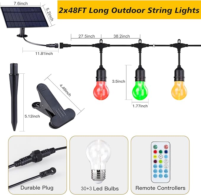 96FT Solar Outdoor String Lights with Remote, 30 Shatterproof Edison Bulbs, Dimmable Color Changing Commercial Patio Lights for Cafe, Yard, Garden, Bistro