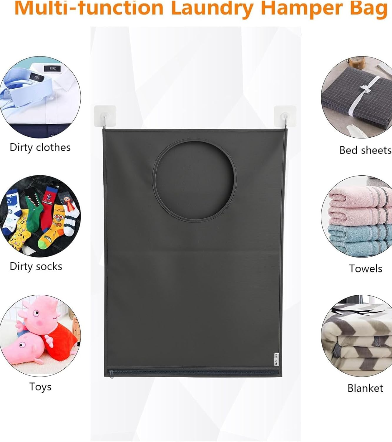 Hanging Laundry Hamper Bag – Space-Saving Dirty Clothes Storage with Free Adjustable Stainless Steel Over-the-Door Hooks & Suction Cup Hooks – Ideal for bathrooms, bedrooms & dorms (2, Gray)