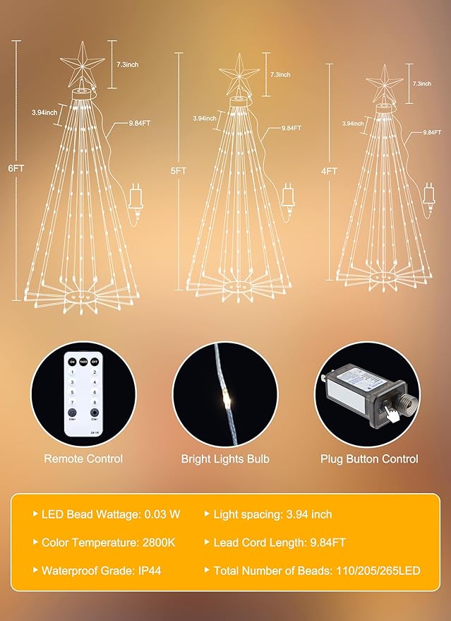 Outdoor Christmas Cone Tree Light with Remote, 3Set 4/5/6ft Lightshow Christmas Tree with Star Topper, Dimmable Artificial Christmas Tree for Porch Yard Patio Indoor Christmas Decorations, Warm White