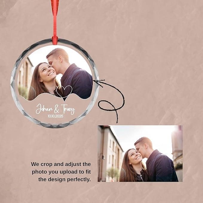 Heart Line Couple Ornament – Custom Photo, Names & Date – Acrylic or Glass Personalized Wedding Ornament – Engagement Keepsake Gift