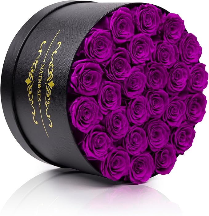 NATROSES 27 Piece Forever Preserved Roses in a Box, Preserved Flowers for Delivery Birthday, Flowers Gifts for Mothers Day, Purple