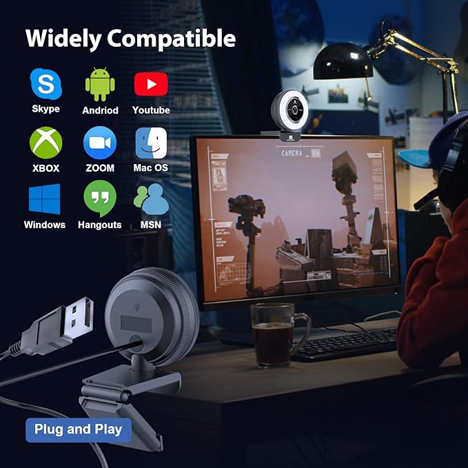 Zoomable Webcam with Remote Control, 1080P 60FPS Streaming Webcam with Adjustable Ring Light and Tripod, Pro USB 5X Digital Zoom Webcam for Zoom/Skype Teams/Laptop/Mac Windows