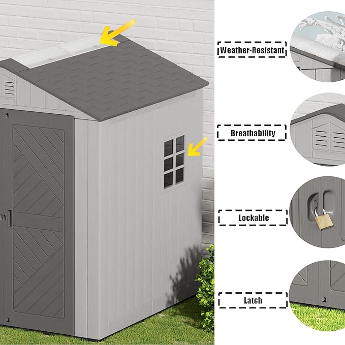 6x6 FT Storage Shed with Floor,HDPE Resin Outdoor Storage Shed Weather Resistant,Lockable Garden Sheds with Windows for Home/Garden Tools/Backyard/Lawn Mower/Bike Storage(Gray)