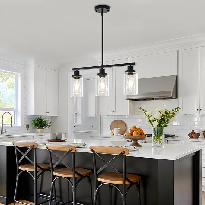 Modern Island Lights for Kitchen Black Dining Room Light Fixtures Over Table 3-Light Farmhouse Linear Chandelier Clear Glass Kitchen Lights Ceiling Adjustable Hanging Pendant Lighting Over Island