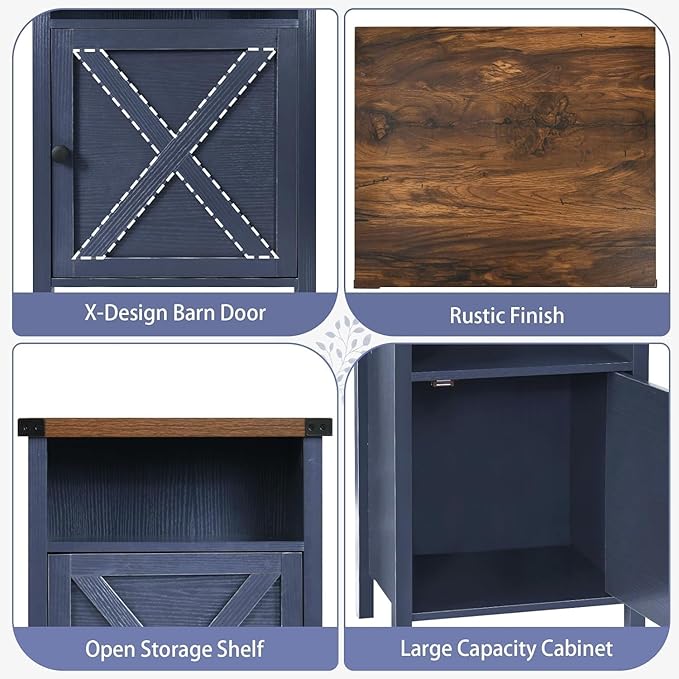 Catrimown Farmhouse Nightstand Set of 2 with Barn Door and Shelf, Side Table, Rustic End Table for Bedroom, Living Room, Navy Blue