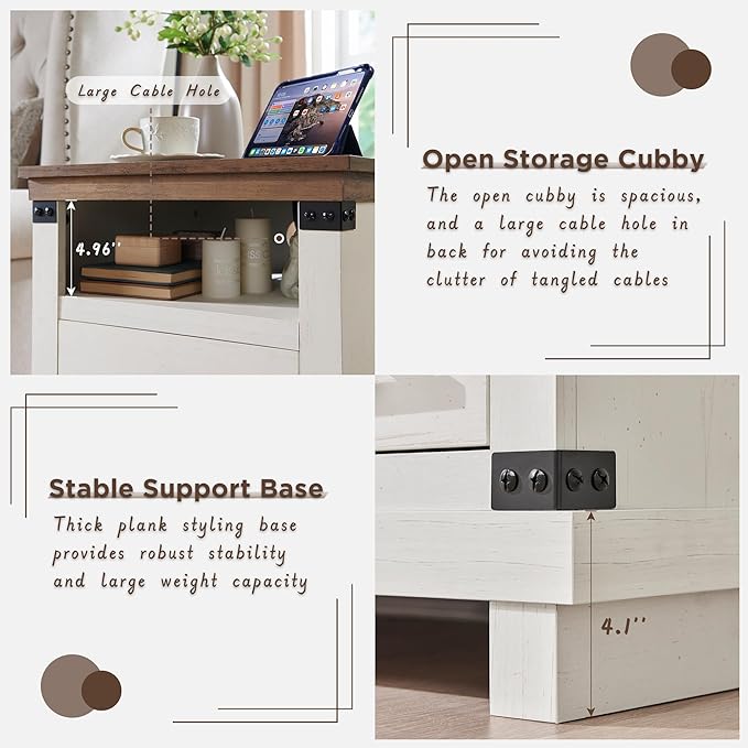 Farmhouse Nightstand Set of 2 with Charging Station, 18" Rustic Night Stand with 2 Storage Drawers, Wood End Table for Bedroom, Living Room, Antique White