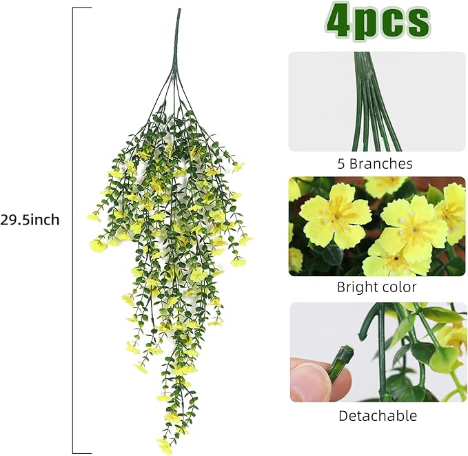 RECUTMS Artificial Hanging Flowers Plants for Outdoors 4 Pcs Fake Mums Plant Decor Realistic Real Touch Silk Flower UV Resistant Trailing Vine Look Real for Yard Porch Patio Garden Balcony (Yellow)