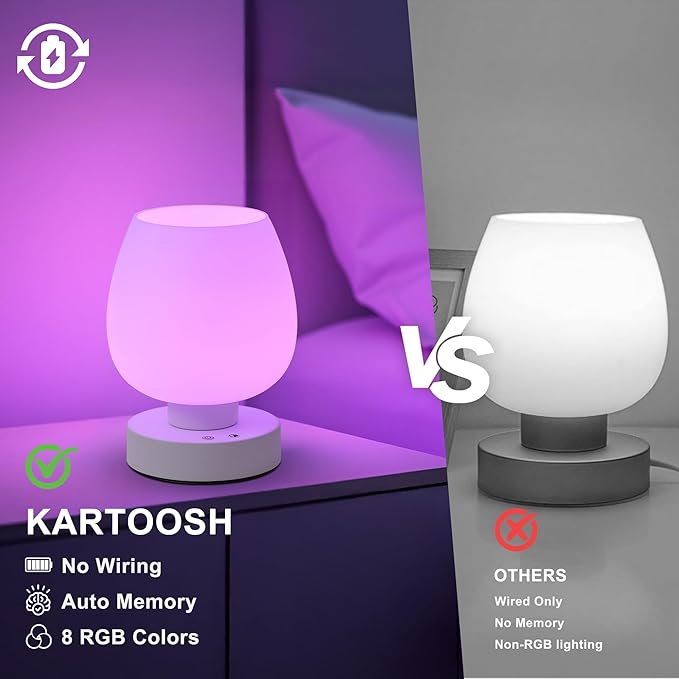 Small Table Lamp Cordless Nightstand Lamp - Rechargeable Modern Bedside Lamp with White Glass Shade, Stepless Dimmable & 8 RGB Colors & Memory, Battery Touch Lamp for Nursery Bedroom Nightstand