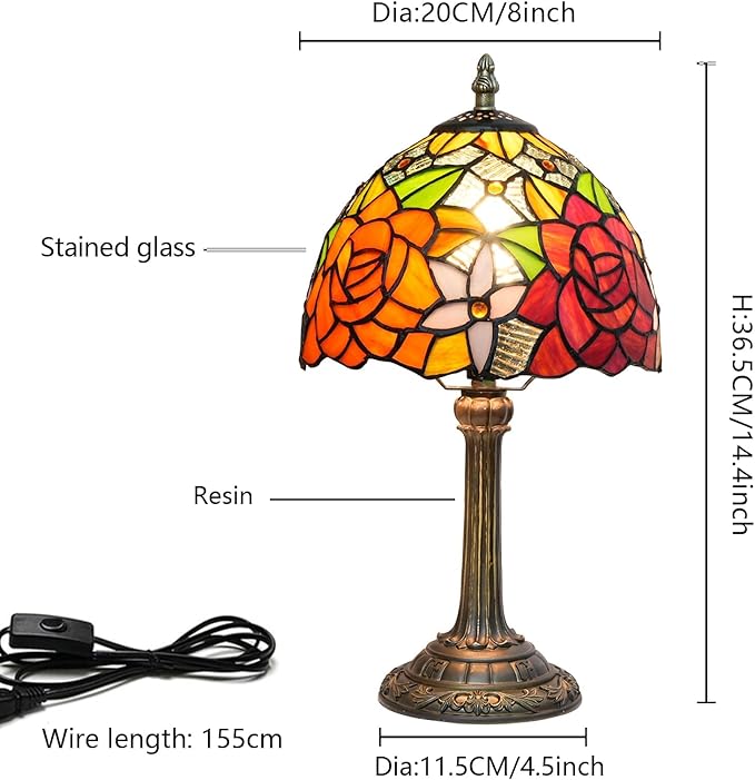 Tiffany Lamp - Rose Flower Stained Glass Table Lamp 8x8x14 Inches - Rose Flower Style Desk Reading Light - Bedroom & Living Room Decor