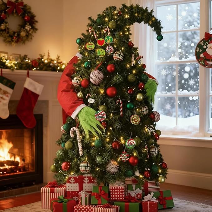 Syhood 4ft Bendable Christmas Tree Pre-Lit Whimsical Christmas Bent Top Artificial Xmas Tree with LED Lights Ornament Bag, Green