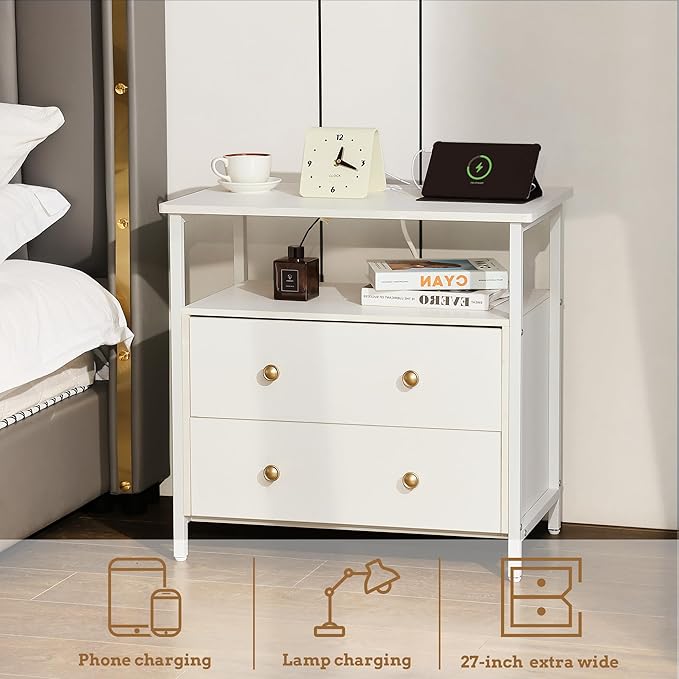 27 inch Wide Night Stand with Charging Station, Bedside Table with Open Shelf, 2 Drawers Small Wood Dresser, Modern Wood Nightstand for Bedroom/Living Room (White)