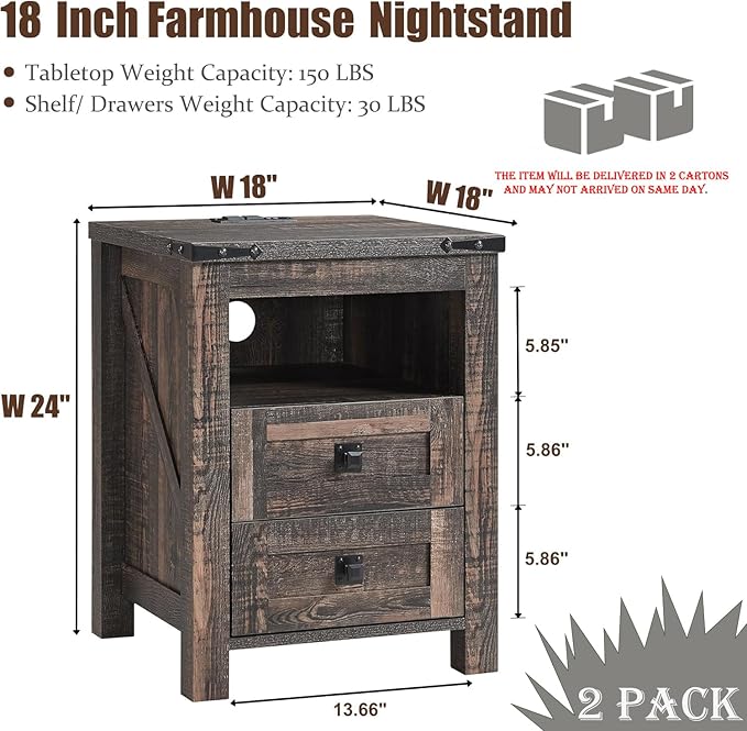 T4TREAM Farmhouse Nightstand Set of 2 with Charging Station, Rustic End Table with 2 Drawers, Storage Open Shelf for Bedroom, Living Room, Wood Side Table, Dark Rustic Oak