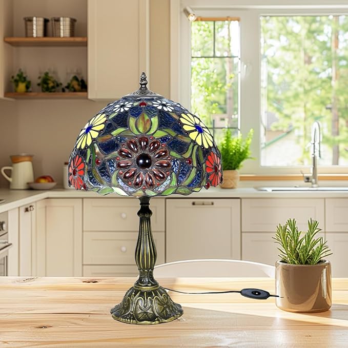 Tiffany Style Stained Glass Lamp 12 Inches Vintage Table Lamp for Desk Bedroom, Bedside Und Reading Desk Light, Led Bulb Included