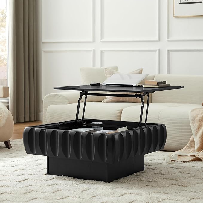 31.1" Square Lift-Top Coffee Table, Modern Fluted Tea Table with Hidden Storage for Living Room, Apartment or Office, Black