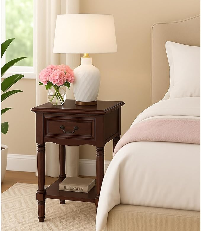 Urban Designs Wooden Accent Table/Nightstand with Drawer and Bottom Shelf – 29" H, 16" L x 16" W - Brown