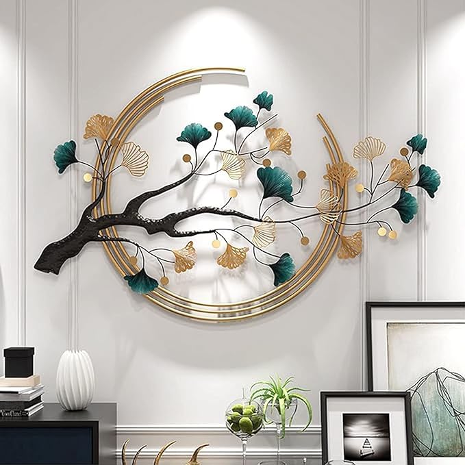 Futyli Large Metal Art Wall Decor - 3D Ginkgo Leaf Wall Art, 36.6" Vertical, Unique Gold for Bedroom & Dining Room Decoration