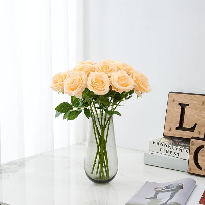 Artificial Rose 10pcs Open Flower Bouquet Faux Rose Stems for Wedding Arrangement, Bridal Bouquet, Centerpiece, Fake Faux Silk Flowers (Champagne)