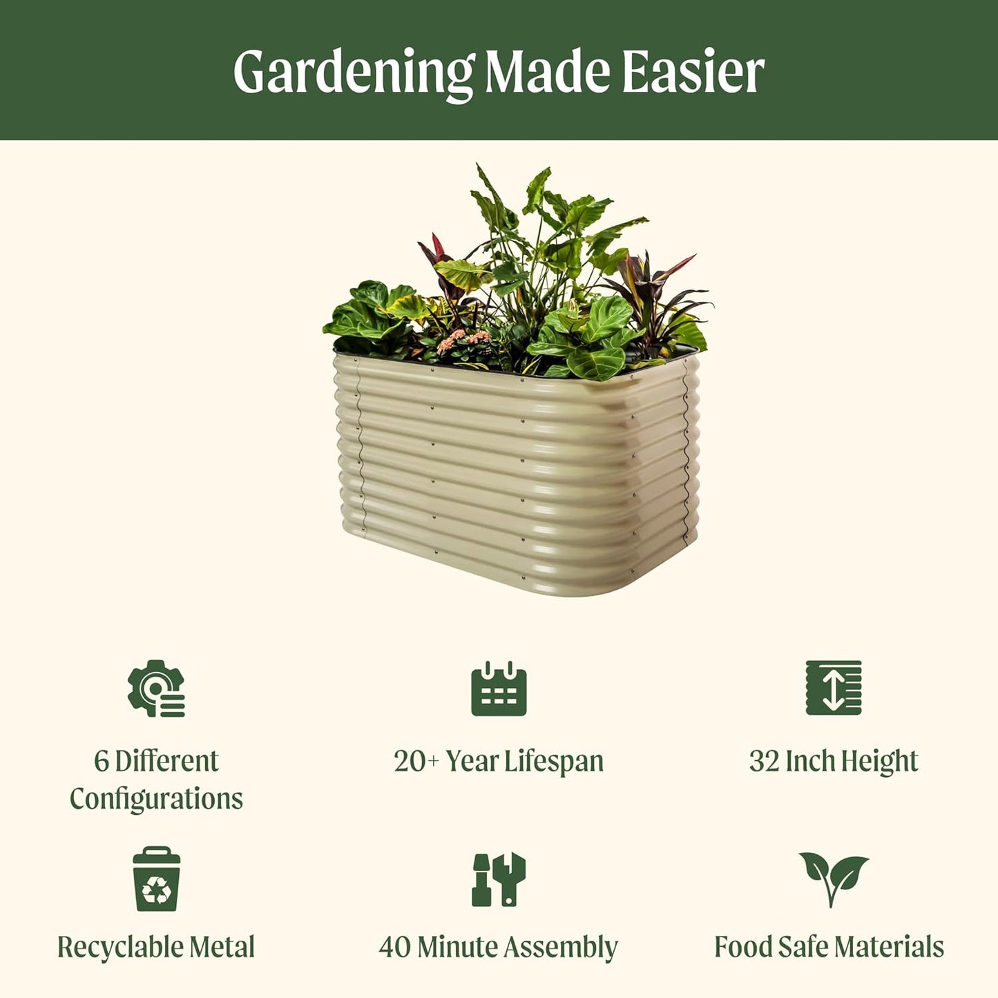 Vego garden 32" Extra Tall Raised Garden Bed Kits, 6 in 1 Modular Raised Planter Box for Vegetables Flowers Fruits Oval Metal Raised Garden, Sky Blue