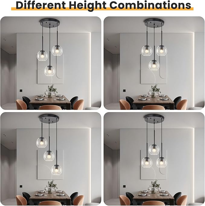3-Light Black Modern Cluster Pendant Light, Adjustable Height Glass Globe Hanging Chandelier, E26 Base Ceiling Light Fixture for Kitchen Island Dining Room Living Room