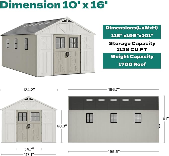 Devoko 10x16 FT Resin Outdoor Storage Shed with Floor, Plastic Tool Garden Shed with Windows & Lockable Door, Outside Large Storage Shed for Patio Backyard Lawn, Beige