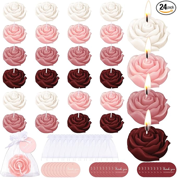 Treela 24 Setflower Candles Wedding Favor for Guests Mini Burgundy Rose Shaped Tealight Candles for Return Gift Wedding Birthday Bridal Shower Housewarming Party