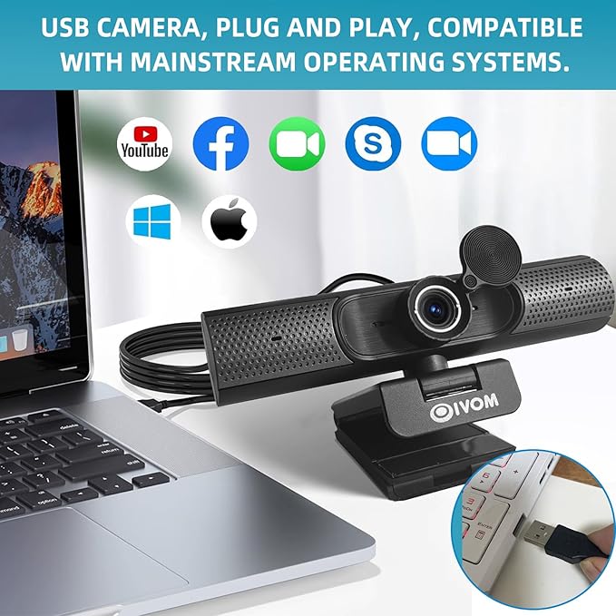 Webcam with Microphone and Speaker, 3 in 1 USB Camera with Privacy Cover, Plug and Play, Conference Streaming Webcam, Wide Angle Camera (1080P Mic Speaker)