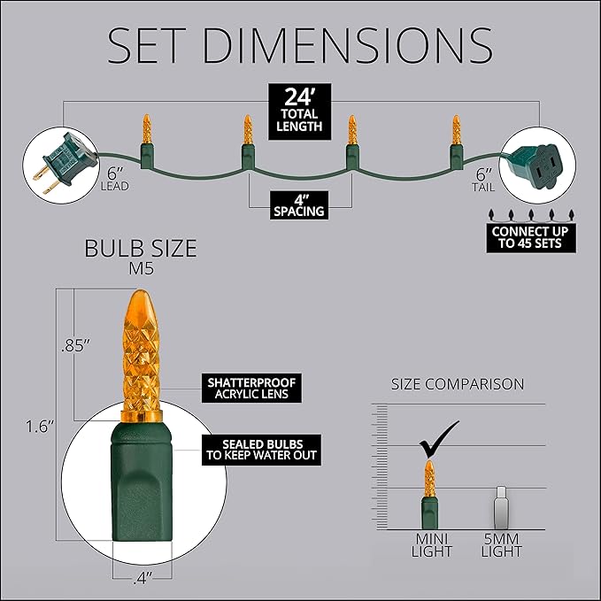 M5 LED Mini Ice Amber Prelamped Light Set, Green Wire - 70 M5 Amber LED Christmas Lights, 4" Spacing