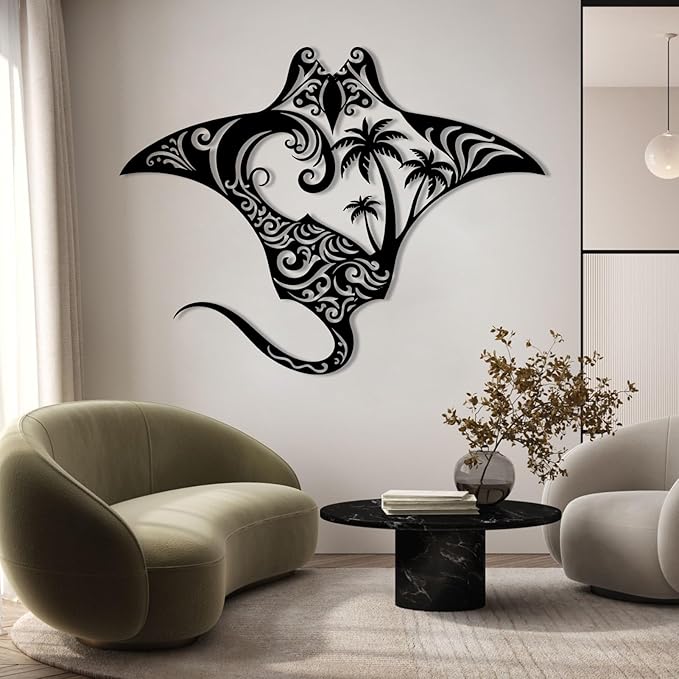 Stingray Metal Wall Art, Metal Palm Tree Wall Decor, Manta Ray Metal Wall Art, Nautical Decor, Sea Life Wall Art, Palm Tree Sign, Natural Wall Art, Metal Wall Decor for Bathroom (Black, 24"x18"/60x46cm, metal wall art)