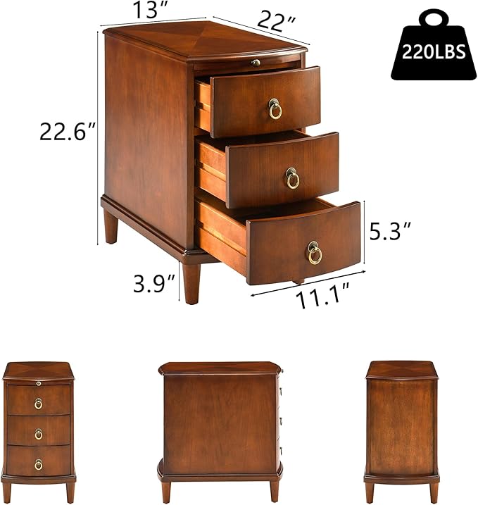 Solid Wood End Table with 3 Drawers, Cherry Red American Style Beside Table with Slide-Out Coffee Tray, Sofa Chair Side Table Nightstand for Living Room Bedroom, Rustic Wood Grain Accent Table 1569MG
