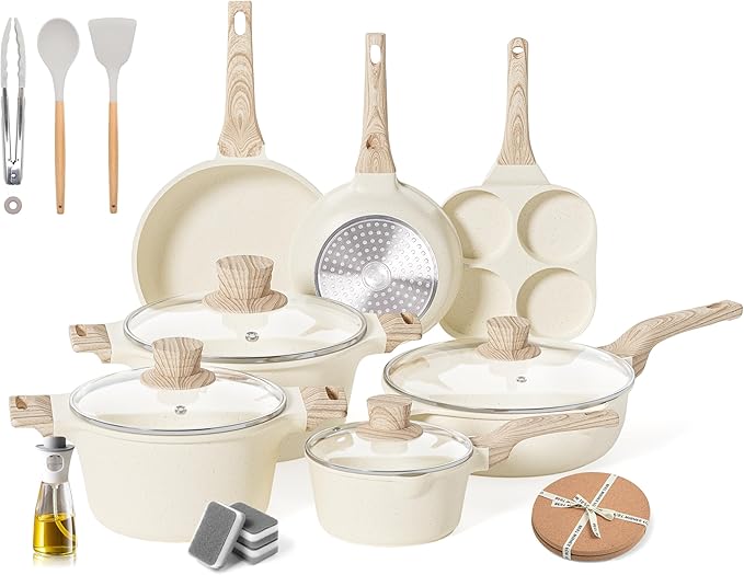 20Pcs Pots and Pans Set Non Stick, Kitchen Nonstick Cookware Sets, White Granite Induction Cookware Non Toxic Cooking Set w/Frying Pans, Saucepans, 4 Cup Pan, PFOS & PFOA Free